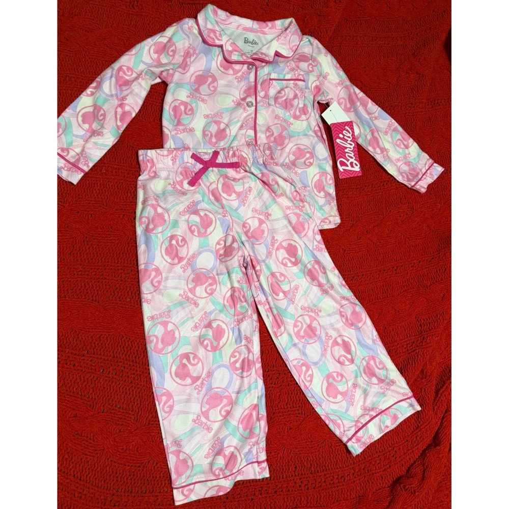 Barbie Girls Pink Logo Silhouette Pajama Set Button Down Pants 2pc NWT Size 4T